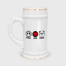 Кружка пивная с принтом Peace, love, panda (мир любовь панда) в Кировске,  керамика (Материал выдерживает высокую температуру, стоит избегать резкого перепада температур) |  объем 630 мл | Тематика изображения на принте: love | panda | peace | любовь | мир