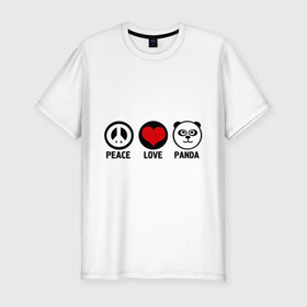Мужская футболка премиум с принтом Peace, love, panda (мир любовь панда) в Кировске, 92% хлопок, 8% лайкра | приталенный силуэт, круглый вырез ворота, длина до линии бедра, короткий рукав | love | panda | peace | любовь | мир