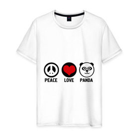 Мужская футболка хлопок с принтом Peace, love, panda (мир любовь панда) в Кировске, 100% хлопок | прямой крой, круглый вырез горловины, длина до линии бедер, слегка спущенное плечо. | Тематика изображения на принте: love | panda | peace | любовь | мир