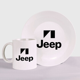Набор: тарелка + кружка с принтом Jeep logo в Кировске, керамика | Кружка: объем — 330 мл, диаметр — 80 мм. Принт наносится на бока кружки, можно сделать два разных изображения. 
Тарелка: диаметр - 210 мм, диаметр для нанесения принта - 120 мм. | Тематика изображения на принте: jeep | автомобиль jeep | автомобиль джип | джип | логотип jeep | логотип джип