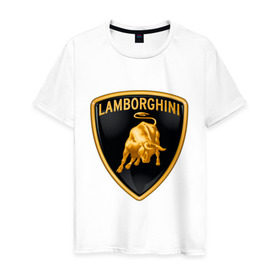 Мужская футболка хлопок с принтом Lamborghini logo в Кировске, 100% хлопок | прямой крой, круглый вырез горловины, длина до линии бедер, слегка спущенное плечо. | lamborghini | автомобиль lamborghini | ламборджини | ламборджини автомобиль | логотип lamborghini | логотип ламборджини