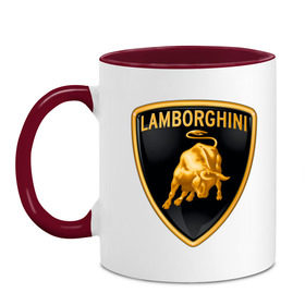 Кружка двухцветная с принтом Lamborghini logo в Кировске, керамика | объем — 330 мл, диаметр — 80 мм. Цветная ручка и кайма сверху, в некоторых цветах — вся внутренняя часть | Тематика изображения на принте: lamborghini | автомобиль lamborghini | ламборджини | ламборджини автомобиль | логотип lamborghini | логотип ламборджини