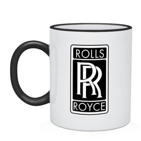 Кружка двухцветная с принтом Rolls-Royce в Кировске, керамика | объем — 330 мл, диаметр — 80 мм. Цветная ручка и кайма сверху, в некоторых цветах — вся внутренняя часть | rolls royce | rr | автобренды | автолюбителям | бренд | логотип | ролл ройс | ролс ройс