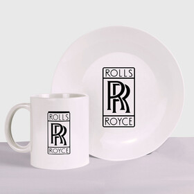 Набор: тарелка + кружка с принтом Rolls-Royce logo в Кировске, керамика | Кружка: объем — 330 мл, диаметр — 80 мм. Принт наносится на бока кружки, можно сделать два разных изображения. 
Тарелка: диаметр - 210 мм, диаметр для нанесения принта - 120 мм. | rolls royce | rr | автобренды | автолюбителям | бренд | логотип | ролл ройс | ролс ройс