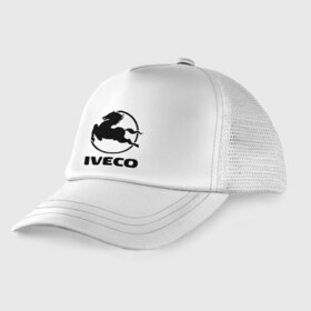 Детская кепка тракер с принтом Iveco в Кировске, Козырек - 100% хлопок. Кепка - 100% полиэстер, Задняя часть - сетка | универсальный размер, пластиковая застёжка | iveco | автобренды | автолюбителям | бренд | ивеко | логотип