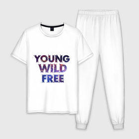 Мужская пижама хлопок с принтом Young wild free в Кировске, 100% хлопок | брюки и футболка прямого кроя, без карманов, на брюках мягкая резинка на поясе и по низу штанин
 | young wild free | интернет приколы | космическая тема | космос