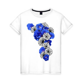 Женская футболка хлопок с принтом Blue flowers в Кировске, 100% хлопок | прямой крой, круглый вырез горловины, длина до линии бедер, слегка спущенное плечо | 