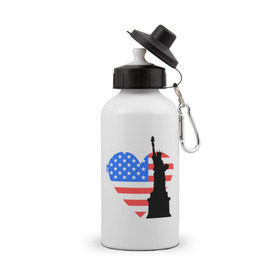 Бутылка спортивная с принтом Люблю Америку в Кировске, металл | емкость — 500 мл, в комплекте две пластиковые крышки и карабин для крепления | usa | америка | люблю америку | статуя свободы | сша | штаты | я люблю америку