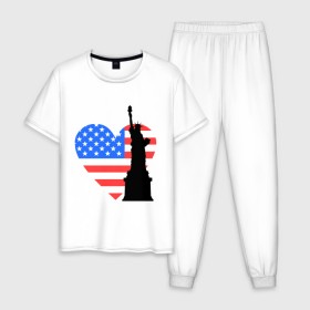 Мужская пижама хлопок с принтом Люблю Америку в Кировске, 100% хлопок | брюки и футболка прямого кроя, без карманов, на брюках мягкая резинка на поясе и по низу штанин
 | usa | америка | люблю америку | статуя свободы | сша | штаты | я люблю америку