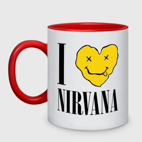 Кружка двухцветная с принтом I love Nirvana в Кировске, керамика | объем — 330 мл, диаметр — 80 мм. Цветная ручка и кайма сверху, в некоторых цветах — вся внутренняя часть | i love nirvana | nirvana | нирвана | я люблю нирвану