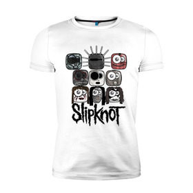 Мужская футболка премиум с принтом Slipknot masks в Кировске, 92% хлопок, 8% лайкра | приталенный силуэт, круглый вырез ворота, длина до линии бедра, короткий рукав | metall | метал | металл | нью метал | слипкнот