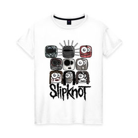 Женская футболка хлопок с принтом Slipknot masks в Кировске, 100% хлопок | прямой крой, круглый вырез горловины, длина до линии бедер, слегка спущенное плечо | Тематика изображения на принте: metall | метал | металл | нью метал | слипкнот