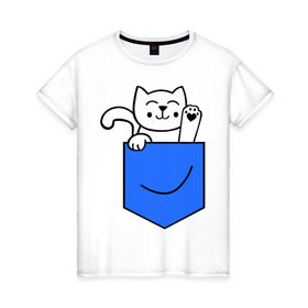Женская футболка хлопок с принтом Котенок в кармане в Кировске, 100% хлопок | прямой крой, круглый вырез горловины, длина до линии бедер, слегка спущенное плечо | киса | котенок | котик | кошка