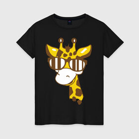 Женская футболка хлопок с принтом Жираф в очках в Кировске, 100% хлопок | прямой крой, круглый вырез горловины, длина до линии бедер, слегка спущенное плечо | Тематика изображения на принте: животные | жираф | очки