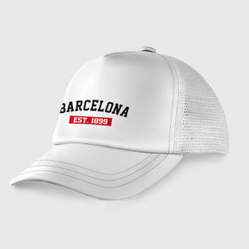 Детская кепка тракер с принтом FC Barcelona Est 1899 в Кировске, Козырек - 100% хлопок. Кепка - 100% полиэстер, Задняя часть - сетка | универсальный размер, пластиковая застёжка | Тематика изображения на принте: barcelona | fc barcelona | барселона | фк барселона