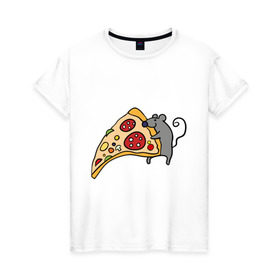 Женская футболка хлопок с принтом Кусочек пиццы парная в Кировске, 100% хлопок | прямой крой, круглый вырез горловины, длина до линии бедер, слегка спущенное плечо | pizza | влюбленным | для влюбленных | для двоих | для пар | мышонок | пара | парные | пицца