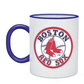 Кружка двухцветная с принтом Boston Red Sox в Кировске, керамика | объем — 330 мл, диаметр — 80 мм. Цветная ручка и кайма сверху, в некоторых цветах — вся внутренняя часть | baseball | boston red sox | бейсбол | бостон | красные носки | ред сокс | спорт