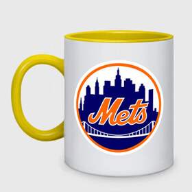 Кружка двухцветная с принтом New York Mets в Кировске, керамика | объем — 330 мл, диаметр — 80 мм. Цветная ручка и кайма сверху, в некоторых цветах — вся внутренняя часть | Тематика изображения на принте: baseball | mets | new york mets | бейсбол | нью йорк метс | спорт