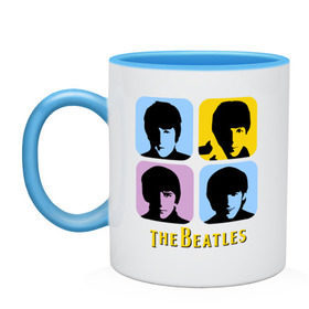 Кружка двухцветная с принтом The Beatles pop art в Кировске, керамика | объем — 330 мл, диаметр — 80 мм. Цветная ручка и кайма сверху, в некоторых цветах — вся внутренняя часть | beatles | the beatles | the beatles pop art | бителс