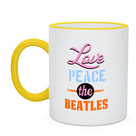 Кружка двухцветная с принтом Love peace the Beatles в Кировске, керамика | объем — 330 мл, диаметр — 80 мм. Цветная ручка и кайма сверху, в некоторых цветах — вся внутренняя часть | beatles | love peace the beatles | the beatles | бителс