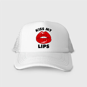 Кепка тракер с сеткой с принтом Kiss my Lips в Кировске, трикотажное полотно; задняя часть — сетка | длинный козырек, универсальный размер, пластиковая застежка | kiss | lips | swag | губы | поцелуй | сваг | свог | свэг