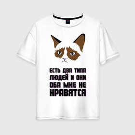 Женская футболка хлопок Oversize с принтом Есть два типа людей в Кировске, 100% хлопок | свободный крой, круглый ворот, спущенный рукав, длина до линии бедер
 | два типа людей | интернет приколы | кот мем | недовольный кот | они мне не нравятся | хмурый кот