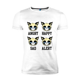 Мужская футболка премиум с принтом Mood Cat в Кировске, 92% хлопок, 8% лайкра | приталенный силуэт, круглый вырез ворота, длина до линии бедра, короткий рукав | alert | angry | happy | mood cat | sad