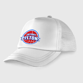 Детская кепка тракер с принтом Detroit Pistons - logo в Кировске, Козырек - 100% хлопок. Кепка - 100% полиэстер, Задняя часть - сетка | универсальный размер, пластиковая застёжка | Тематика изображения на принте: basketball | nba | баскетболл | детроит | лого баскетбольных клубов | нба