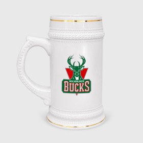 Кружка пивная с принтом Milwaukee Bucks - logo в Кировске,  керамика (Материал выдерживает высокую температуру, стоит избегать резкого перепада температур) |  объем 630 мл | basketball | nba | баскетболл | лого баскетбольных клубов | нба