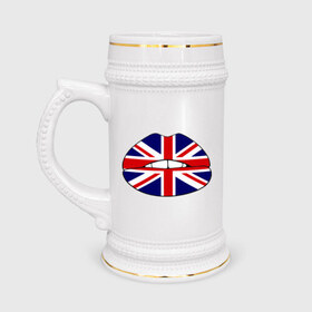Кружка пивная с принтом Britain lips в Кировске,  керамика (Материал выдерживает высокую температуру, стоит избегать резкого перепада температур) |  объем 630 мл | england | great britain | lips | англия | британия | британский флаг | великобритания | губы | поцелуй