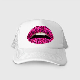 Кепка тракер с сеткой с принтом Pink leopard lips в Кировске, трикотажное полотно; задняя часть — сетка | длинный козырек, универсальный размер, пластиковая застежка | lips | губы | леопард | помада | поцелуй
