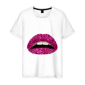 Мужская футболка хлопок с принтом Pink leopard lips в Кировске, 100% хлопок | прямой крой, круглый вырез горловины, длина до линии бедер, слегка спущенное плечо. | lips | губы | леопард | помада | поцелуй