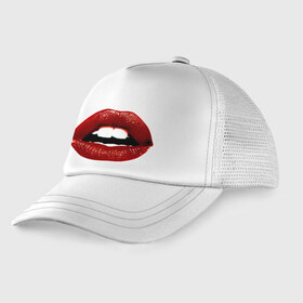 Детская кепка тракер с принтом Pop art lips в Кировске, Козырек - 100% хлопок. Кепка - 100% полиэстер, Задняя часть - сетка | универсальный размер, пластиковая застёжка | Тематика изображения на принте: поп арт