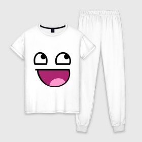 Женская пижама хлопок с принтом Улыбчивый мем в Кировске, 100% хлопок | брюки и футболка прямого кроя, без карманов, на брюках мягкая резинка на поясе и по низу штанин | интернет мемы | интернет приколы | мем | мемы | приколы | улыбка