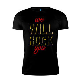 Мужская футболка премиум с принтом We will rock you! в Кировске, 92% хлопок, 8% лайкра | приталенный силуэт, круглый вырез ворота, длина до линии бедра, короткий рукав | freddie mercury | queen | классический рок | куин | рок группа | фредди меркьюри