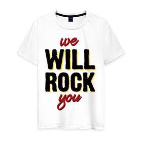 Мужская футболка хлопок с принтом We will rock you! в Кировске, 100% хлопок | прямой крой, круглый вырез горловины, длина до линии бедер, слегка спущенное плечо. | freddie mercury | queen | классический рок | куин | рок группа | фредди меркьюри