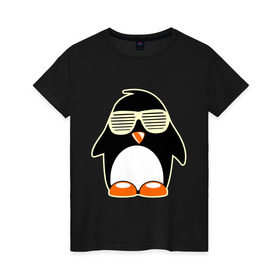 Женская футболка хлопок с принтом Пингвин в очках-жалюзи glow в Кировске, 100% хлопок | прямой крой, круглый вырез горловины, длина до линии бедер, слегка спущенное плечо | пингвин
