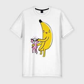 Мужская футболка премиум с принтом Мстительный банан в Кировске, 92% хлопок, 8% лайкра | приталенный силуэт, круглый вырез ворота, длина до линии бедра, короткий рукав | Тематика изображения на принте: bananes | мартышка | обезьяна | фрукты