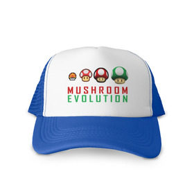 Кепка тракер с сеткой с принтом Mario Mushroom Evolution в Кировске, трикотажное полотно; задняя часть — сетка | длинный козырек, универсальный размер, пластиковая застежка | Тематика изображения на принте: nintendo | марио | нинтендо