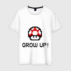 Мужская футболка хлопок с принтом Grow up! в Кировске, 100% хлопок | прямой крой, круглый вырез горловины, длина до линии бедер, слегка спущенное плечо. | марио