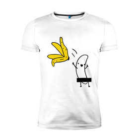 Мужская футболка премиум с принтом Банан стриптизер в Кировске, 92% хлопок, 8% лайкра | приталенный силуэт, круглый вырез ворота, длина до линии бедра, короткий рукав | кожура | одежда | прикольная картинка | раздеваться | фрукт | юмор