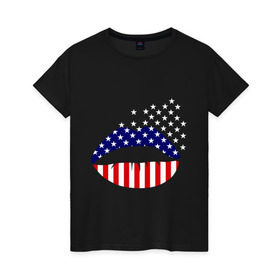 Женская футболка хлопок с принтом Американские губы в Кировске, 100% хлопок | прямой крой, круглый вырез горловины, длина до линии бедер, слегка спущенное плечо | американский флаг | губы | флаг америки | флаг сша