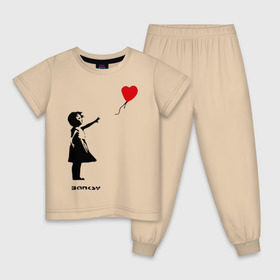 Детская пижама хлопок с принтом Девочка с шариком-сердечком в Кировске, 100% хлопок |  брюки и футболка прямого кроя, без карманов, на брюках мягкая резинка на поясе и по низу штанин
 | Тематика изображения на принте: banksy | бенкси | бэнкси | графити | граффити | девочка с сердечком | девочка с шариком | девочка с шариком сердечком | стрит арт | стритарт