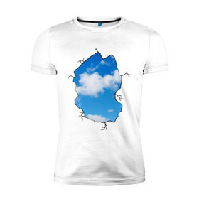 Мужская футболка премиум с принтом Небо. Бэнкси в Кировске, 92% хлопок, 8% лайкра | приталенный силуэт, круглый вырез ворота, длина до линии бедра, короткий рукав | Тематика изображения на принте: banksy | бенкси | бэнкси | графити | граффити | небо | облака | облако | стрит арт | стритарт