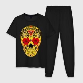 Мужская пижама хлопок с принтом Flower Skull в Кировске, 100% хлопок | брюки и футболка прямого кроя, без карманов, на брюках мягкая резинка на поясе и по низу штанин
 | skull | цветочный орнамент | цветы | череп | черепа