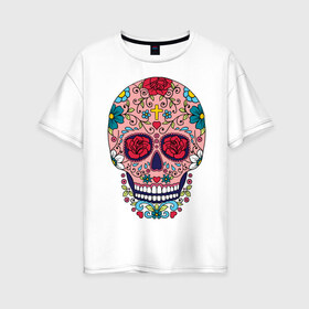 Женская футболка хлопок Oversize с принтом Oldschool skull в Кировске, 100% хлопок | свободный крой, круглый ворот, спущенный рукав, длина до линии бедер
 | oldschool | skull | олд скул | олдскул | цветочный орнамент | цветы | череп | черепа