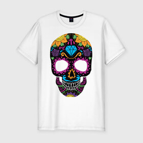 Мужская футболка премиум с принтом Skull mexica в Кировске, 92% хлопок, 8% лайкра | приталенный силуэт, круглый вырез ворота, длина до линии бедра, короткий рукав | Тематика изображения на принте: skull | мексика | мексиканский череп | череп | черепа