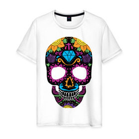 Мужская футболка хлопок с принтом Skull mexica в Кировске, 100% хлопок | прямой крой, круглый вырез горловины, длина до линии бедер, слегка спущенное плечо. | skull | мексика | мексиканский череп | череп | черепа