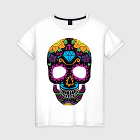 Женская футболка хлопок с принтом Skull mexica в Кировске, 100% хлопок | прямой крой, круглый вырез горловины, длина до линии бедер, слегка спущенное плечо | skull | мексика | мексиканский череп | череп | черепа