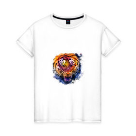 Женская футболка хлопок с принтом Тигр watercolor в Кировске, 100% хлопок | прямой крой, круглый вырез горловины, длина до линии бедер, слегка спущенное плечо | 